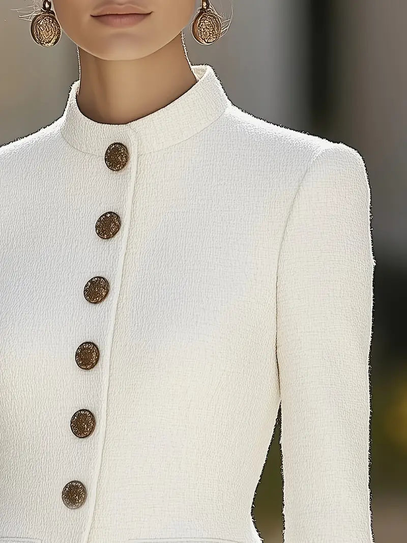Elena | Textured Blazer with Stand Collar and Gold Buttons – Lumina Vancouver