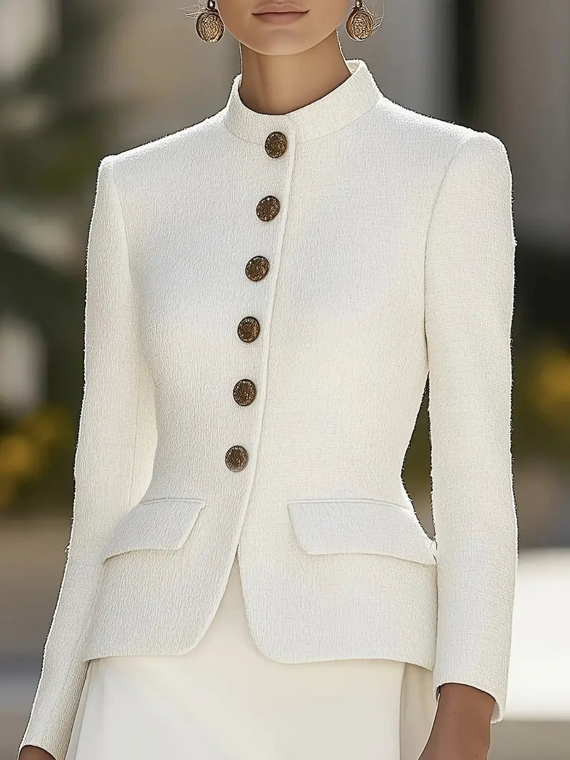 Elena | Textured Blazer with Stand Collar and Gold Buttons – Lumina Vancouver