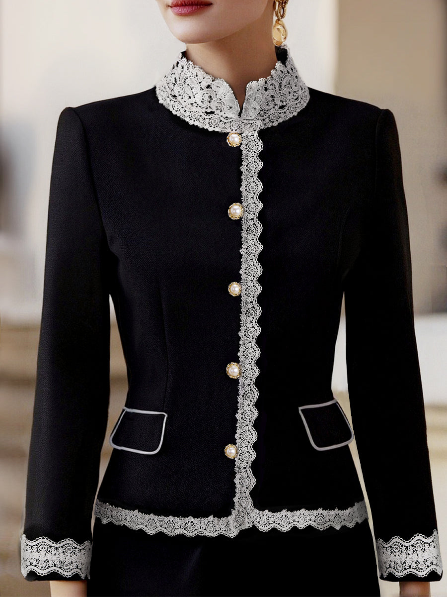 Luna | Pearl Button Blazer Lace Trim
