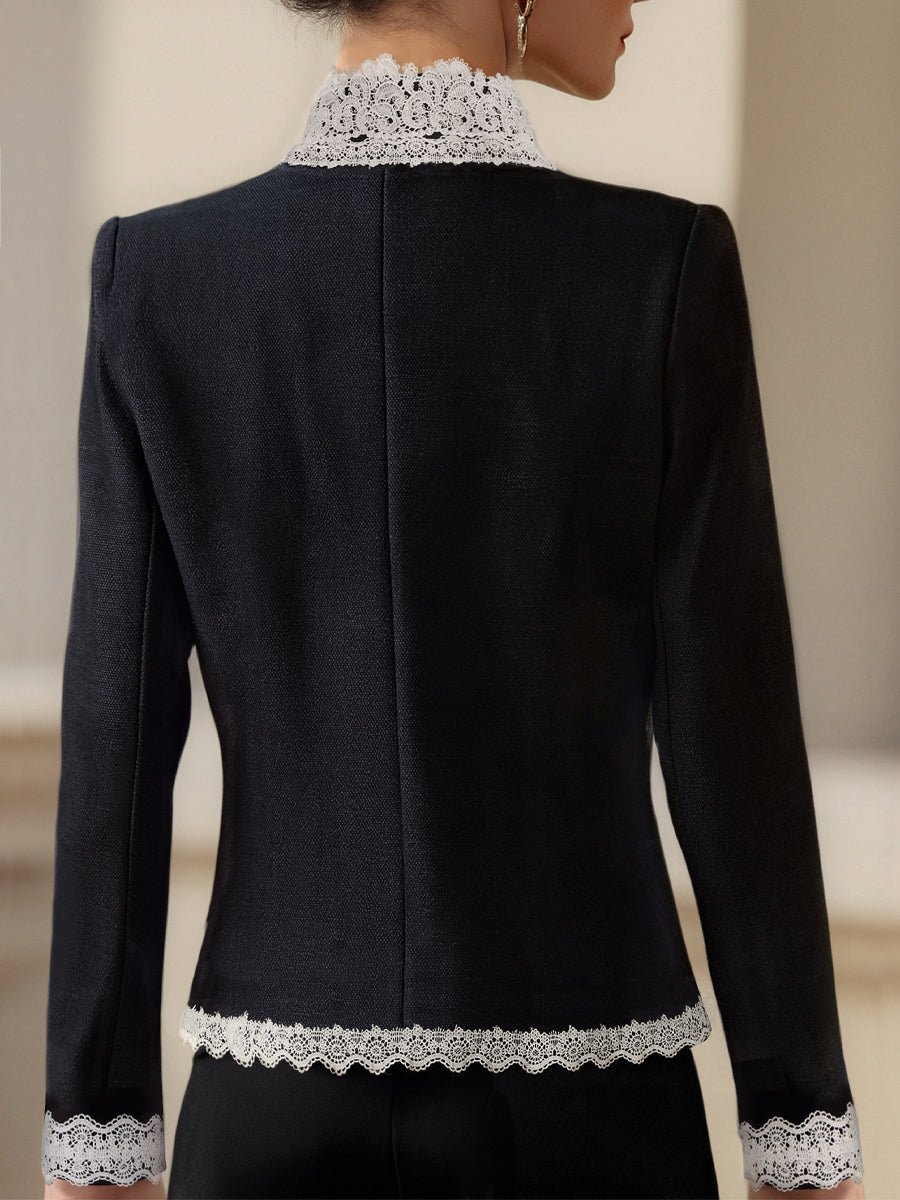 Luna | Pearl Button Blazer Lace Trim