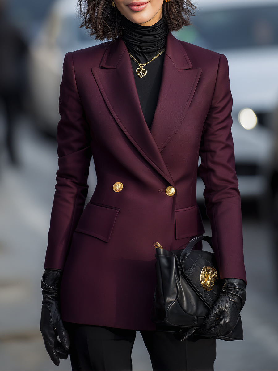 Burgundy | Double-Breasted Blazer with Gold Accents