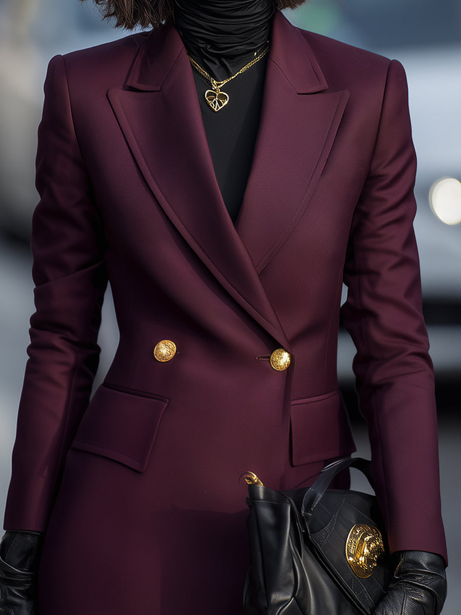 Burgundy | Double-Breasted Blazer with Gold Accents