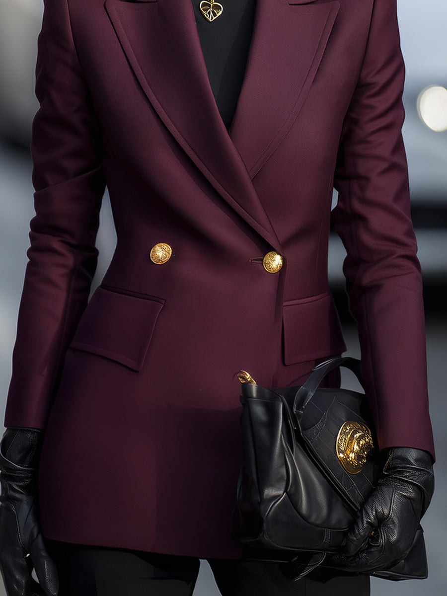 Burgundy | Double-Breasted Blazer with Gold Accents