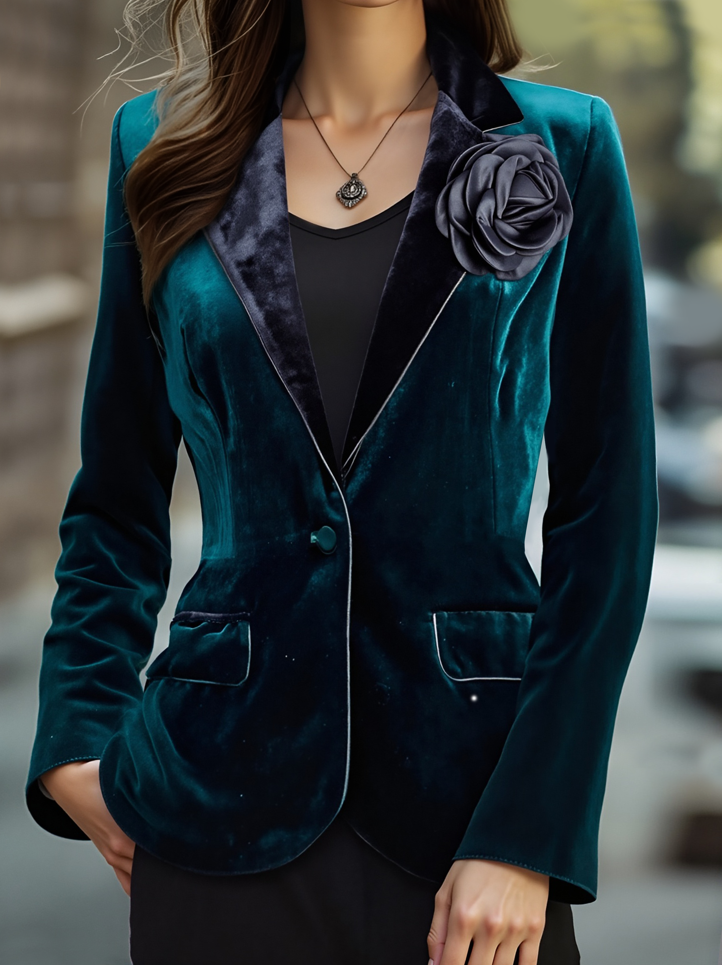 Emerald | Blazer with Satin Lapels and Rose Embroidery