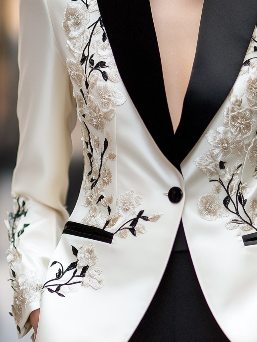 Isabelle | Ivory Satin Embroidered Blazer