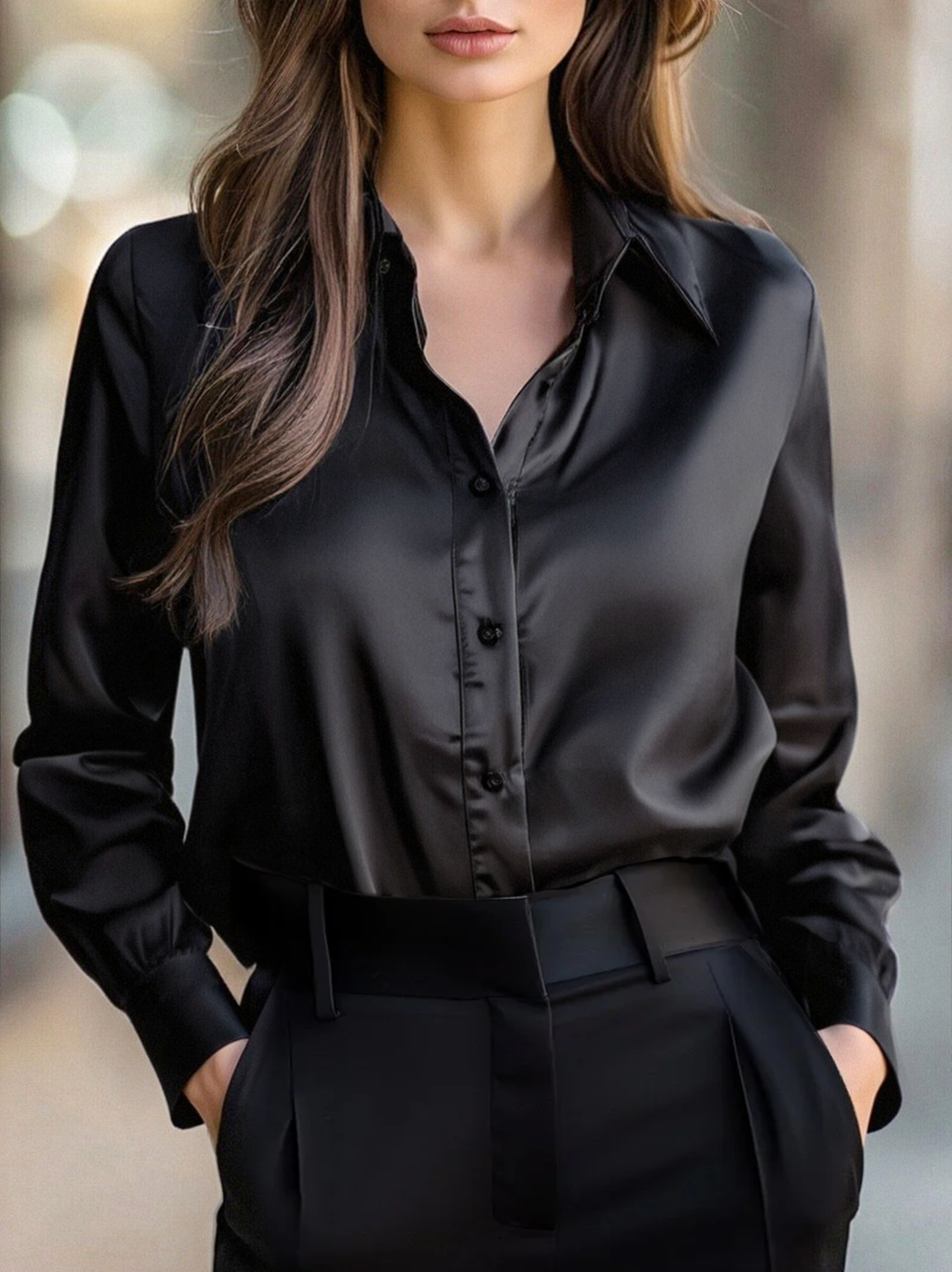 Luna | Black Satin Long Sleeve Blouse