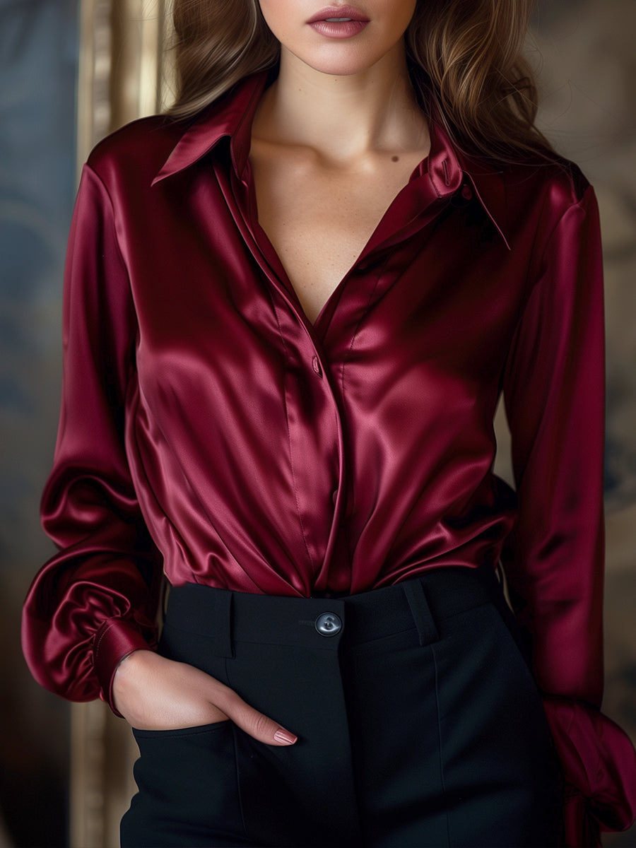 Luna | Black Satin Long Sleeve Blouse