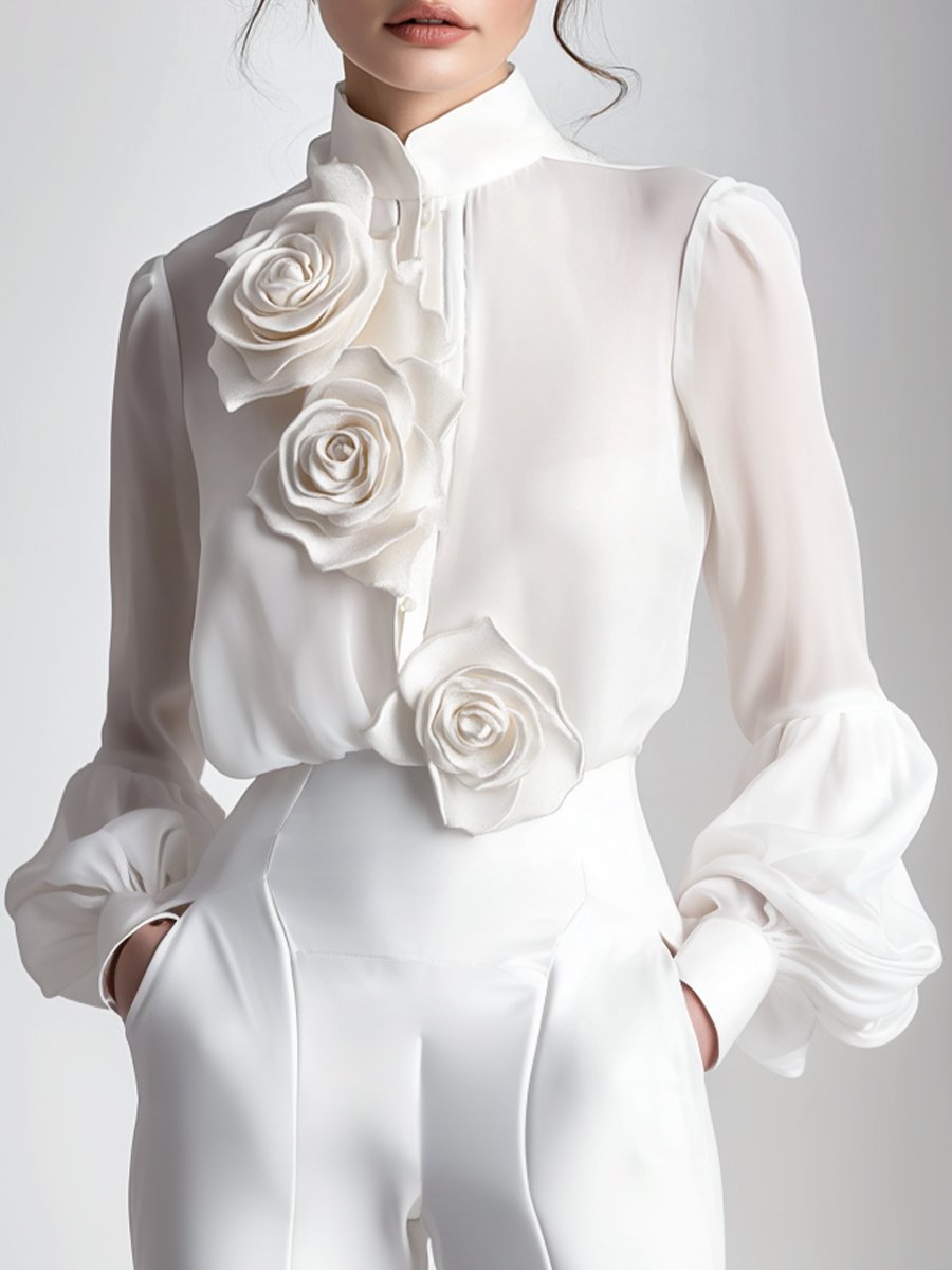 Isabelle | White Blouse With 3D Roses