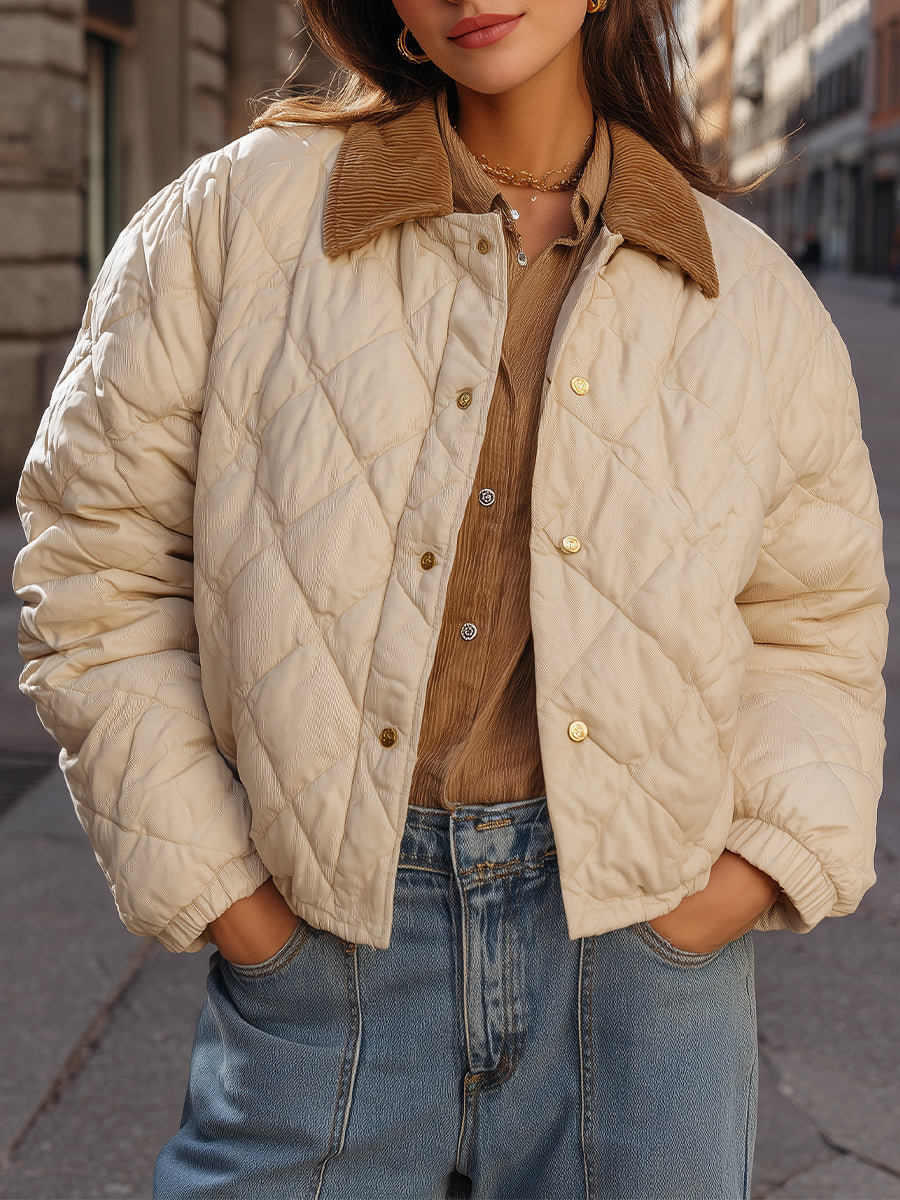 Elena | Quilted Cropped Jacket with Corduroy Collar in Beige