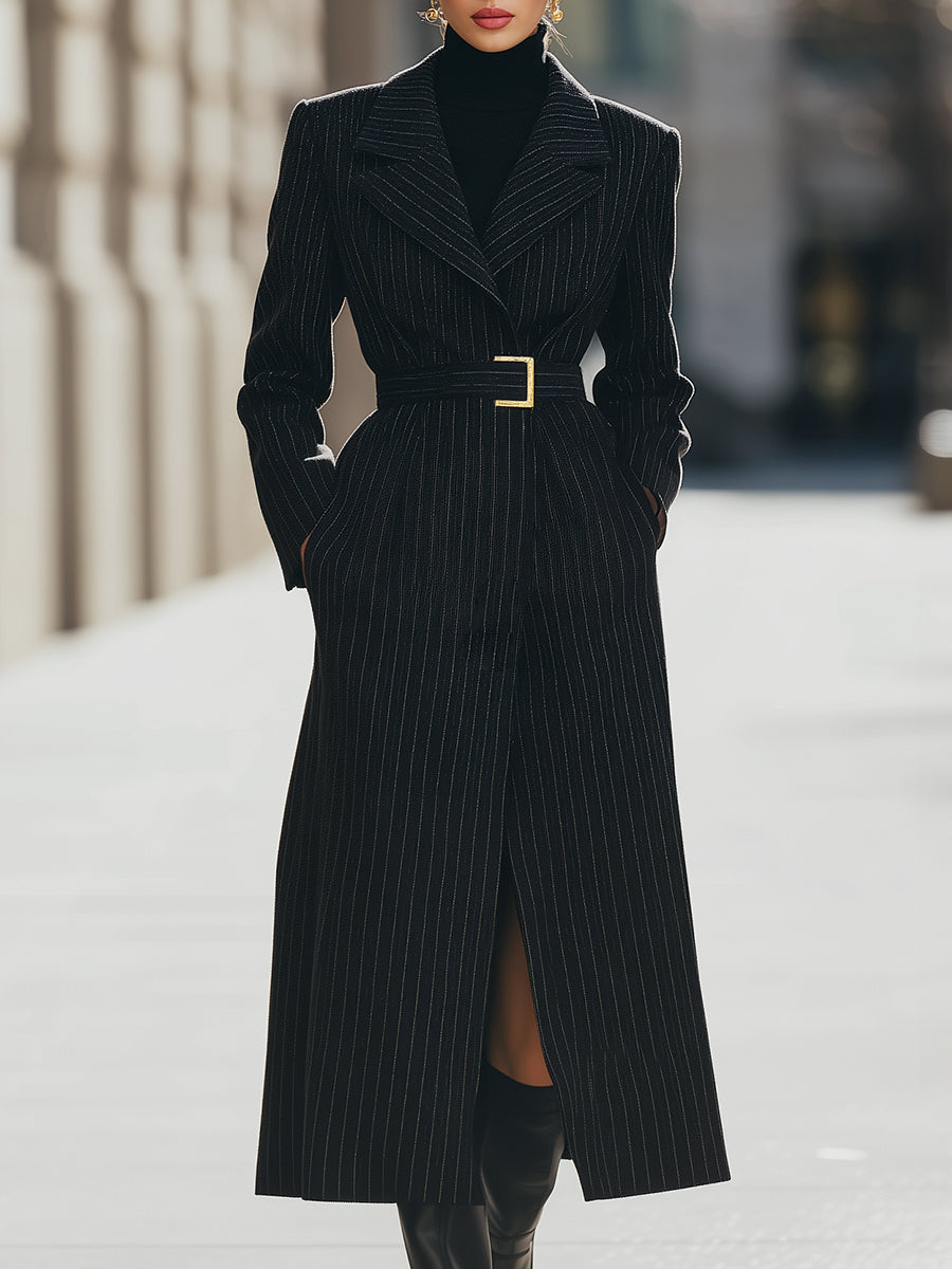 Aurora | Structured Pinstripe Belted Long Coat