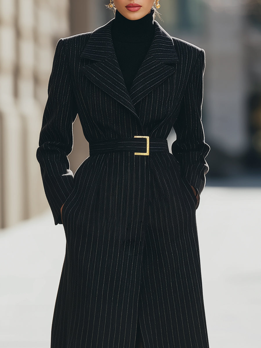 Aurora | Structured Pinstripe Belted Long Coat