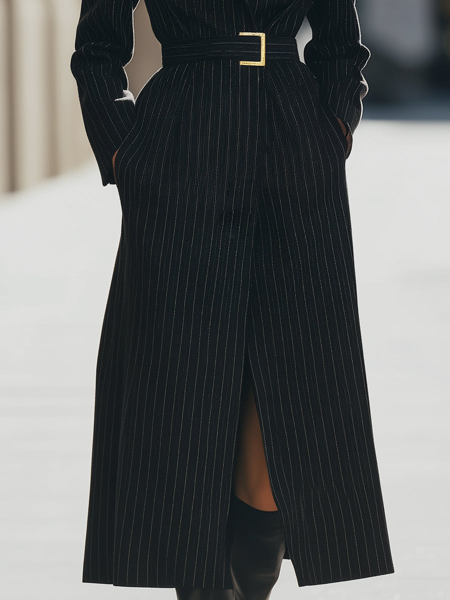 Aurora | Structured Pinstripe Belted Long Coat