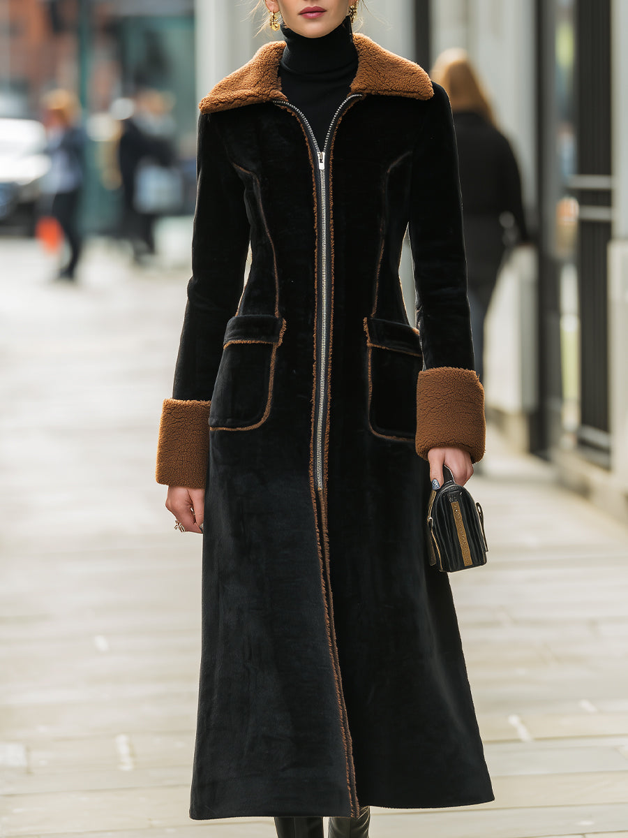 Elena | Long Plush Coat with Elegant Contrast Trim