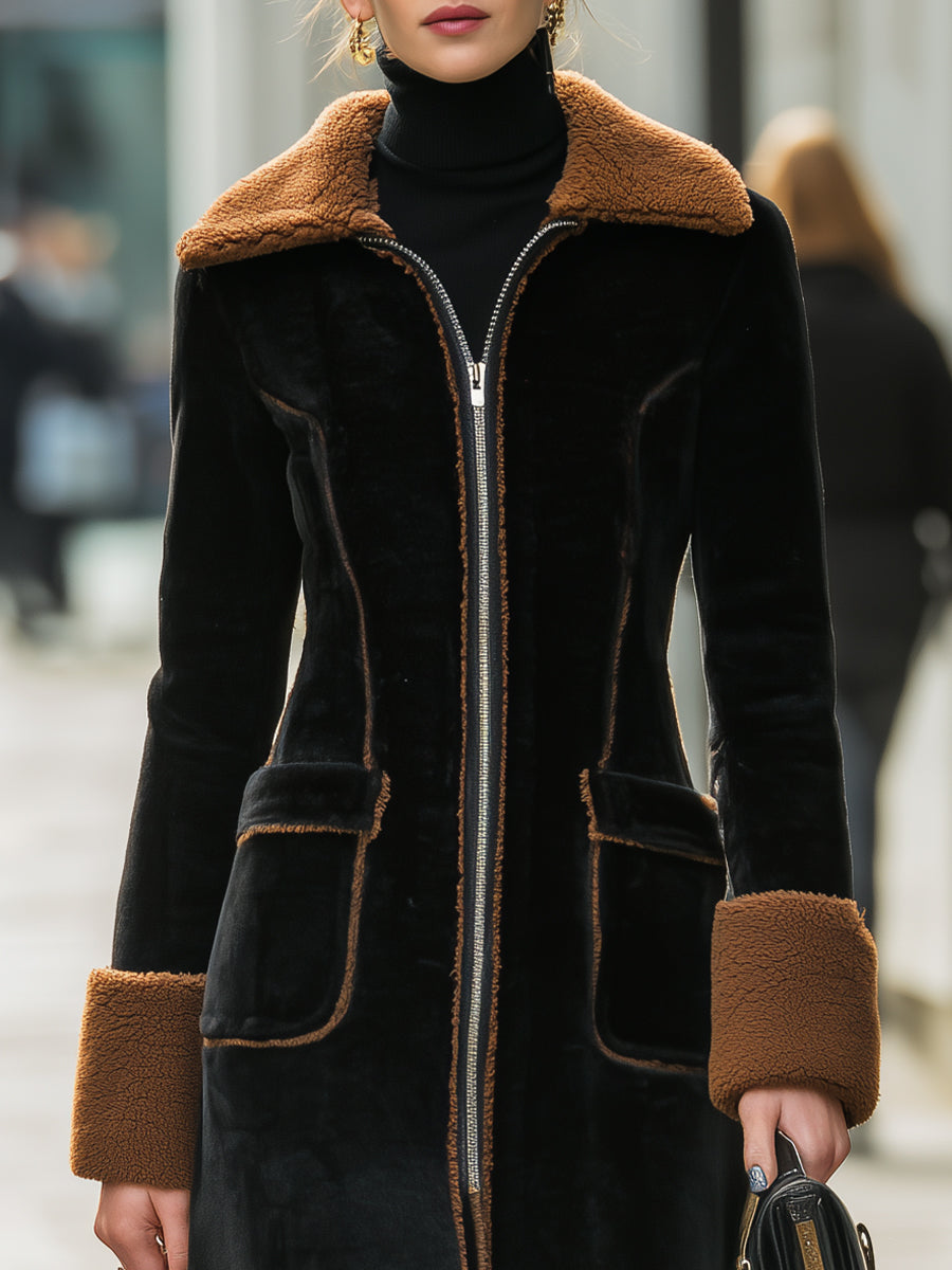Elena | Long Plush Coat with Elegant Contrast Trim