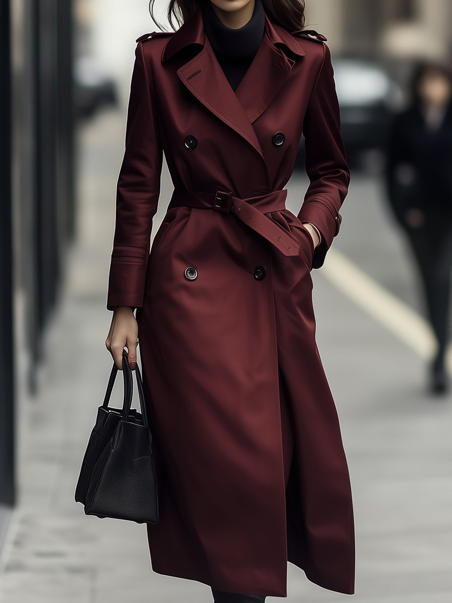 Elena | Double-Breasted Belted Trench Coat in Burgundy