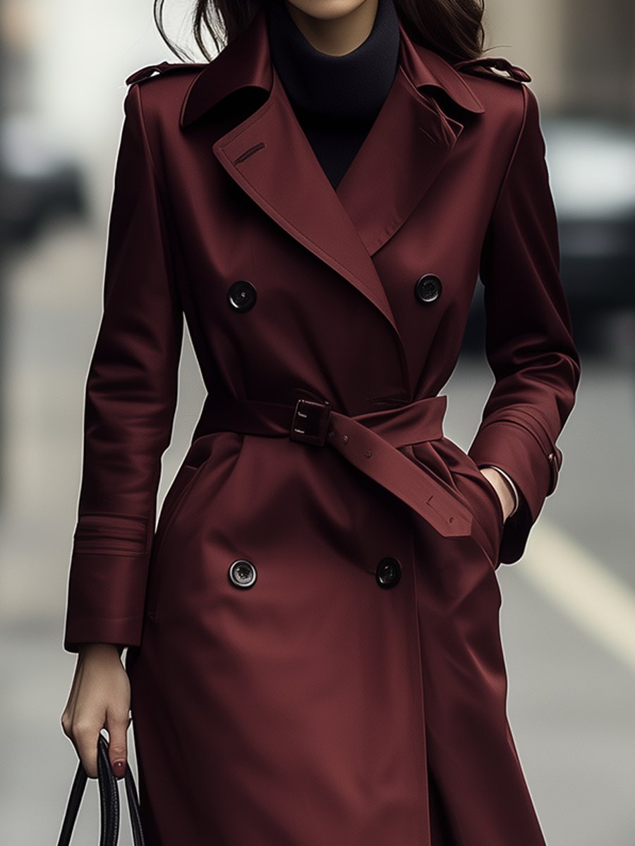Elena | Double-Breasted Belted Trench Coat in Burgundy