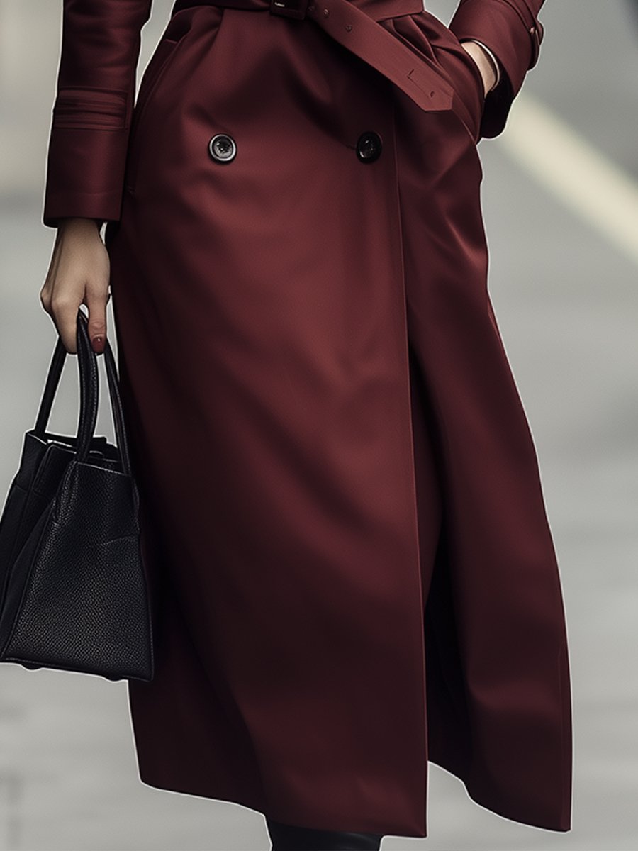Elena | Double-Breasted Belted Trench Coat in Burgundy