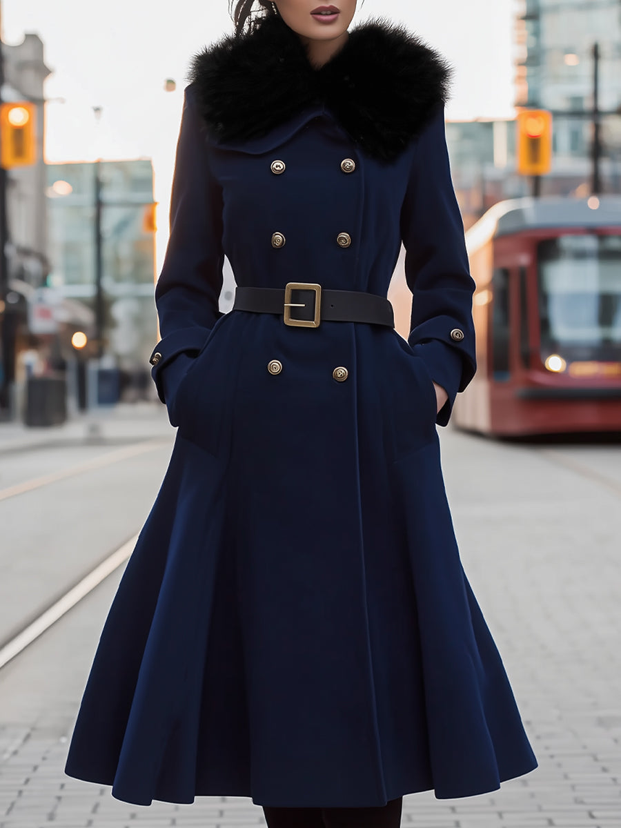 Elena | Double-Breasted Belted Midi Coat with Faux Fur Collar