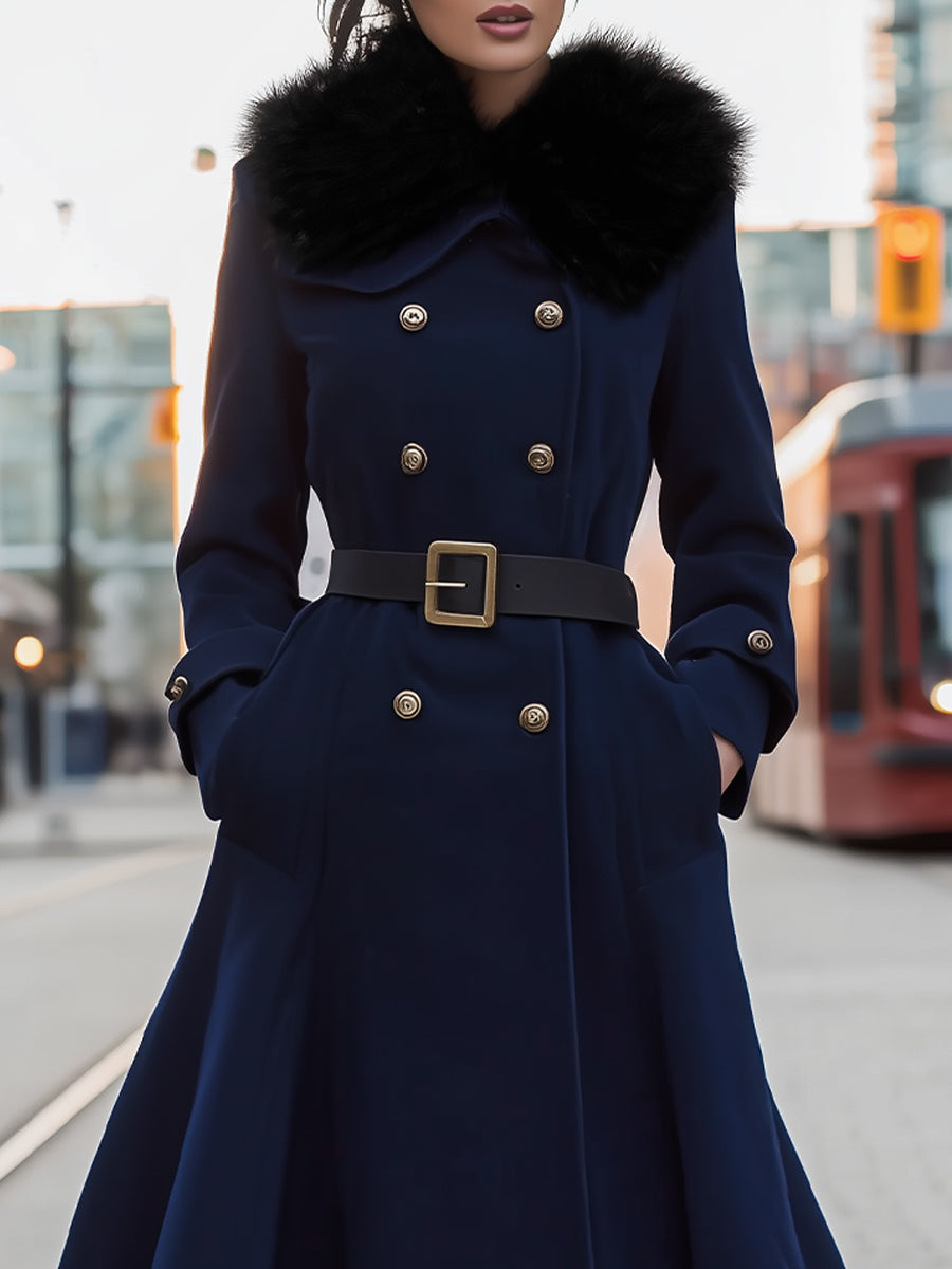 Elena | Double-Breasted Belted Midi Coat with Faux Fur Collar