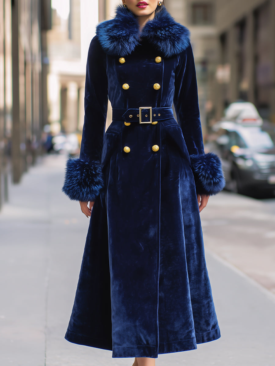 Royal Velvet | Double-Breasted Faux Fur Trim Long Coat