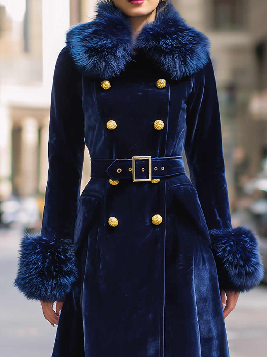 Royal Velvet | Double-Breasted Faux Fur Trim Long Coat