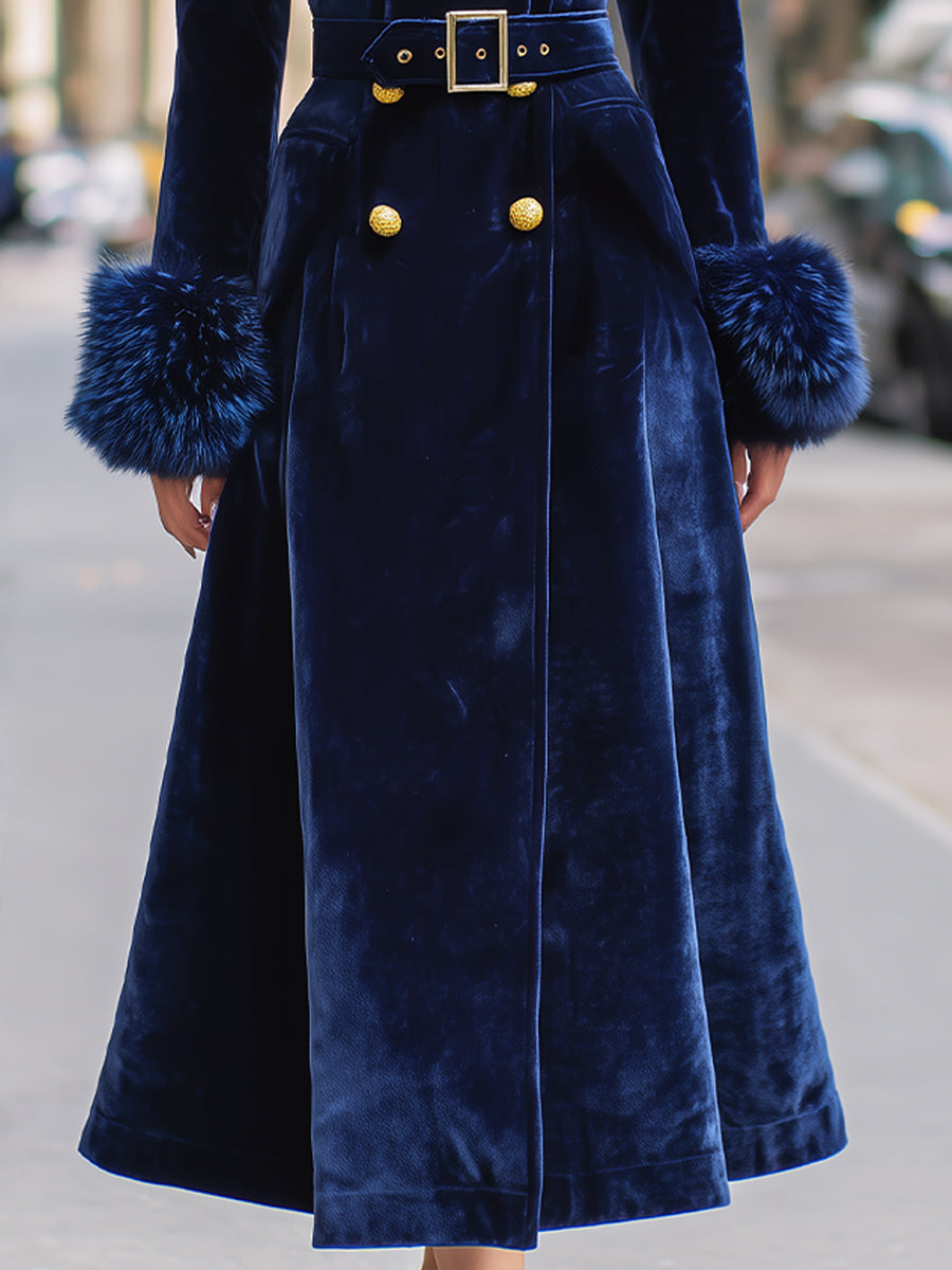 Royal Velvet | Double-Breasted Faux Fur Trim Long Coat