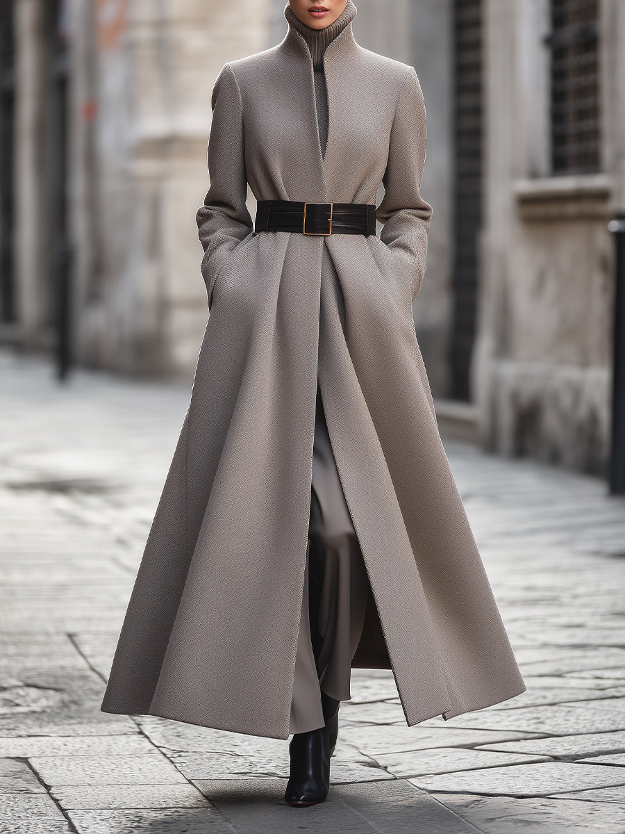 Elena | High-Collar Longline Coat with Belt