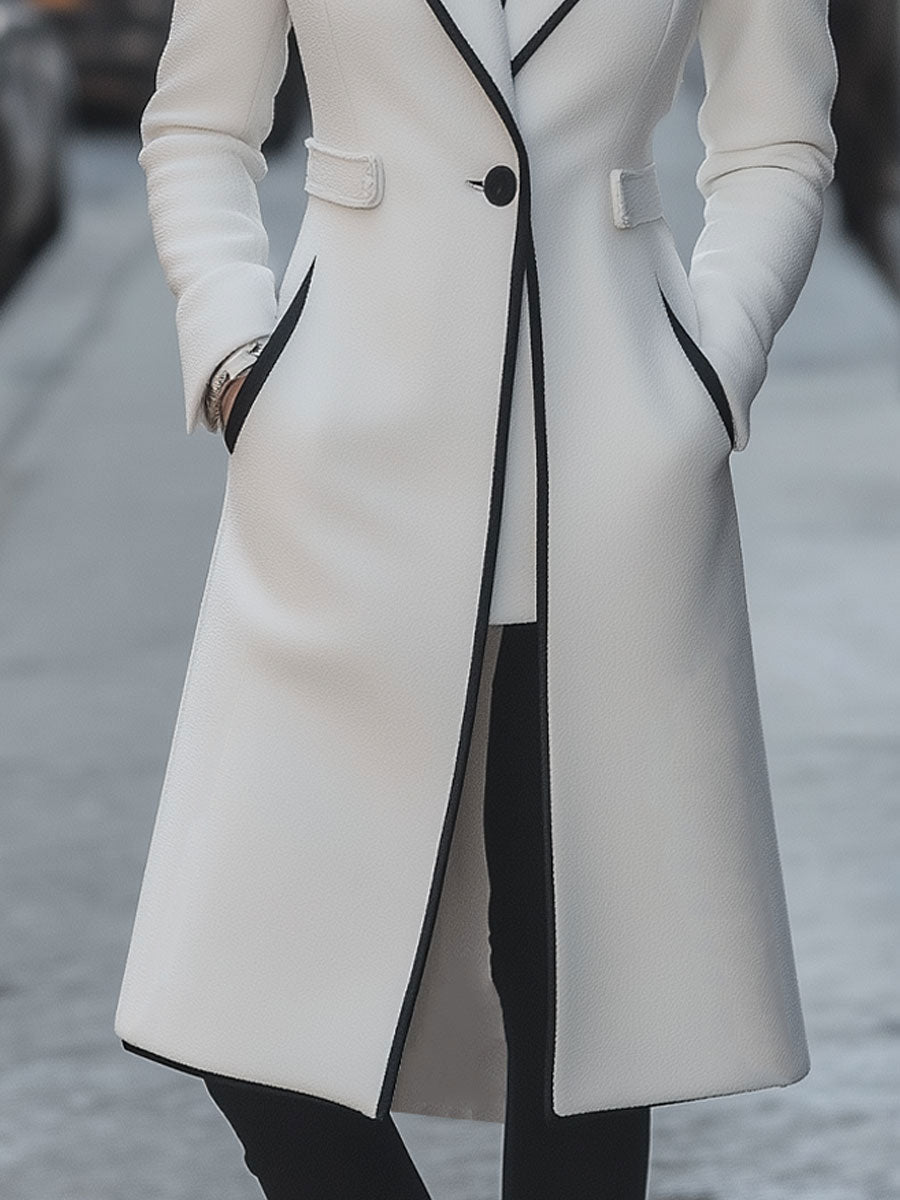 Isabelle | Long White Coat Contrast Trim