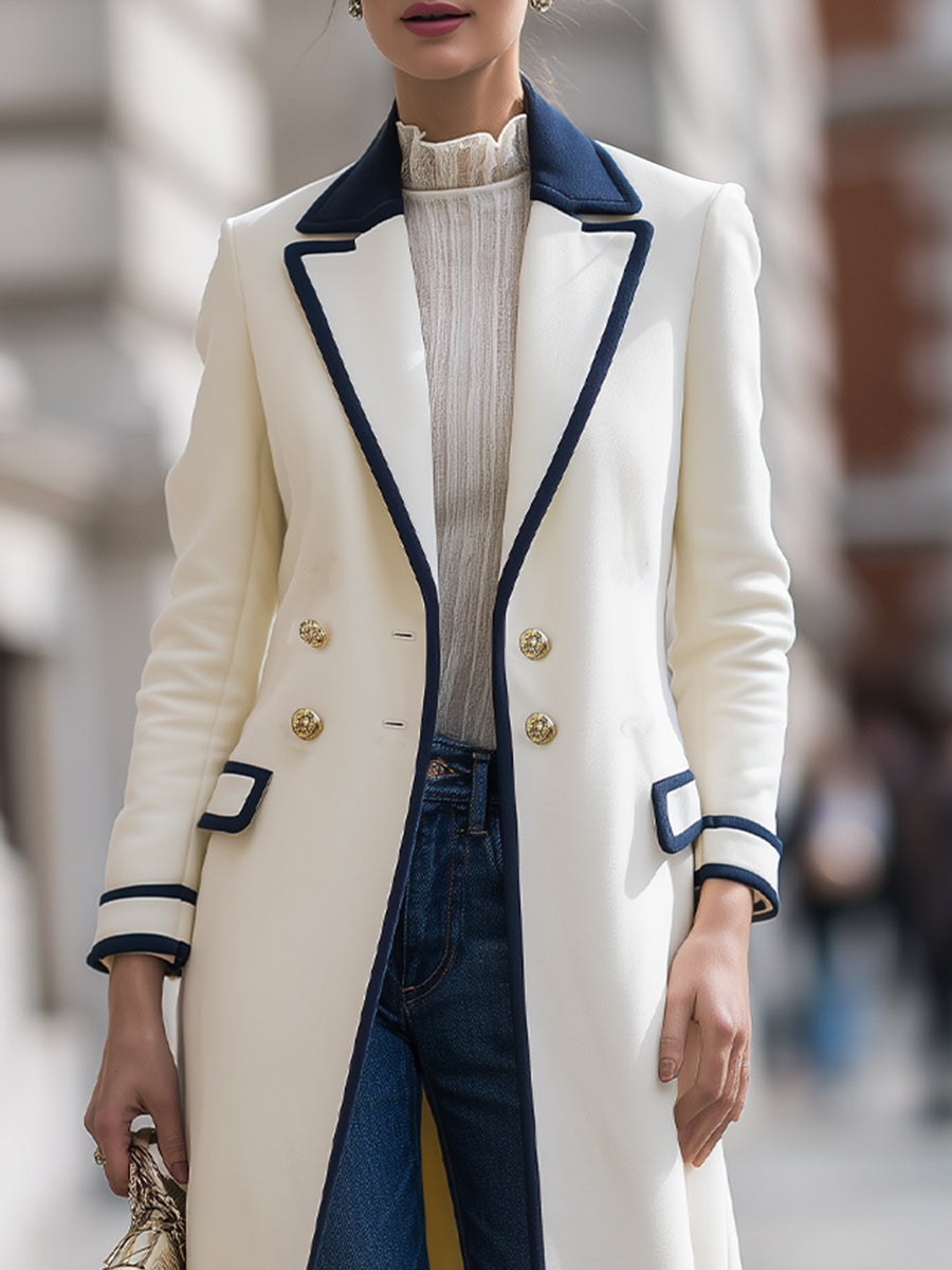 Elena | Double-Breasted Coat with Navy Contrast Trim