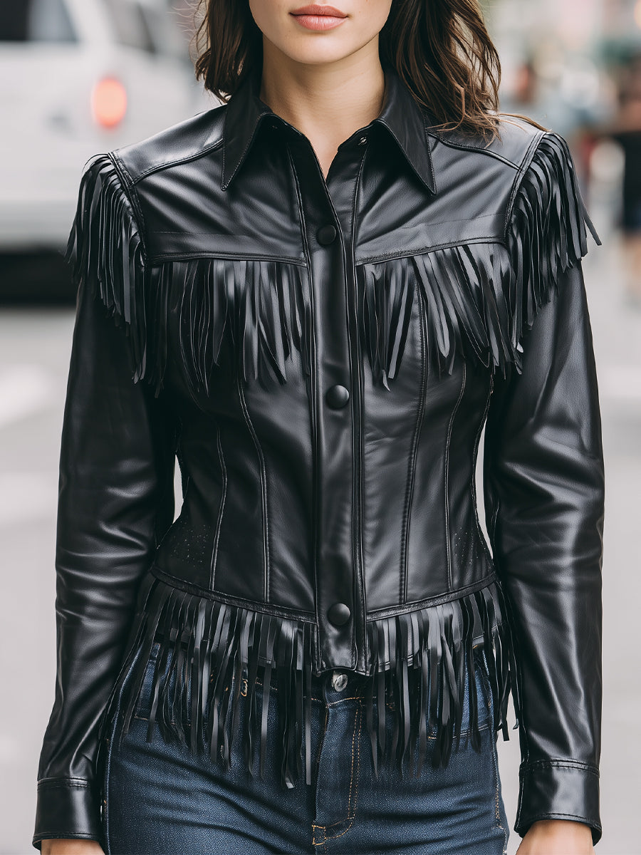 Elena | Faux Leather Jacket with Black Fringe