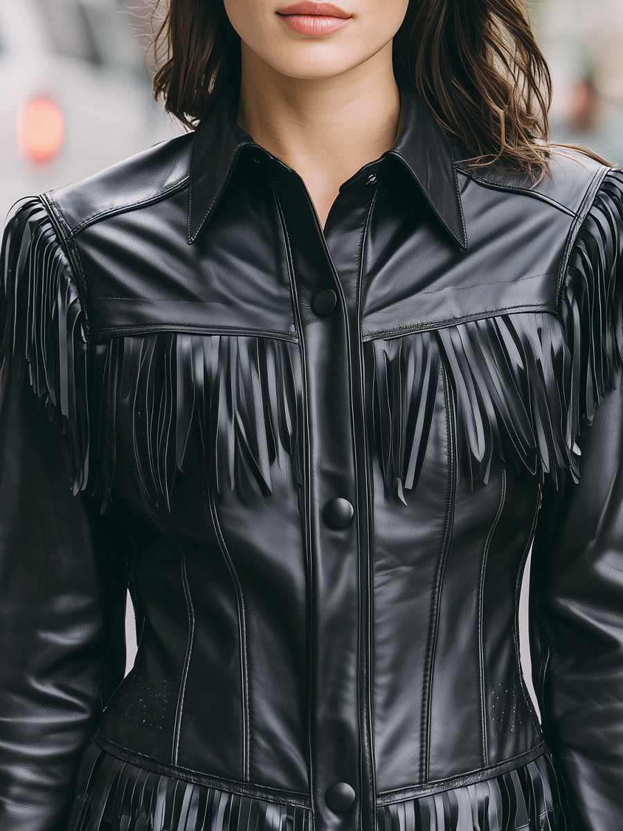 Elena | Faux Leather Jacket with Black Fringe
