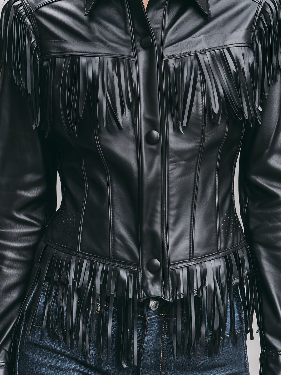 Elena | Faux Leather Jacket with Black Fringe