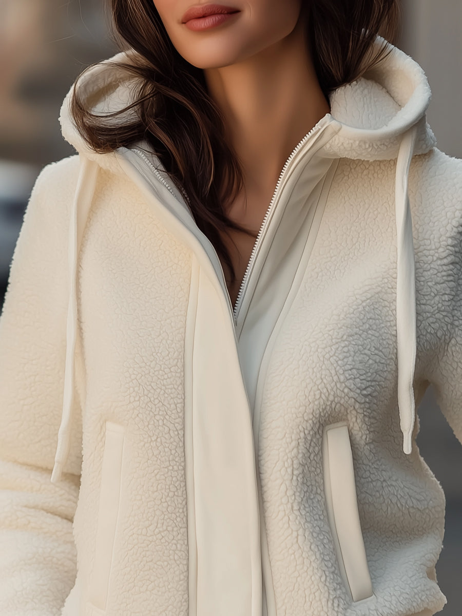 Elena | Hooded Jacket with Contrast-Trim Fleece Patchwork