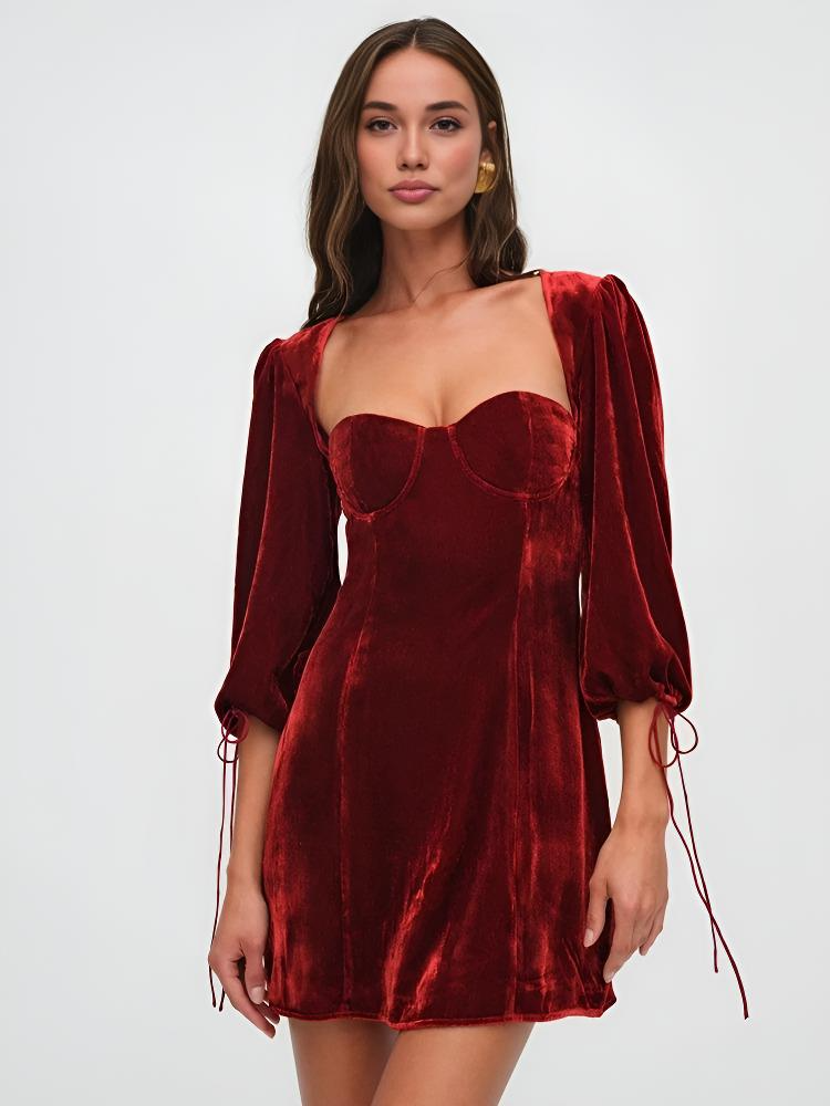 Crimson Dawn | Mini Dress Velvet Puff