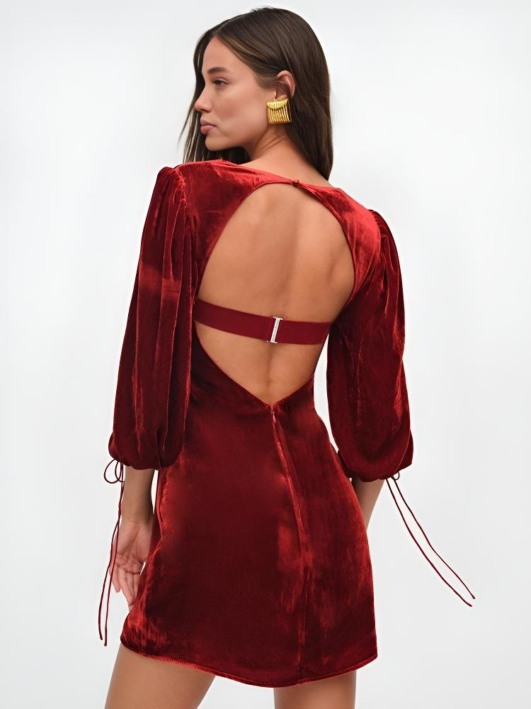 Crimson Dawn | Mini Dress Velvet Puff