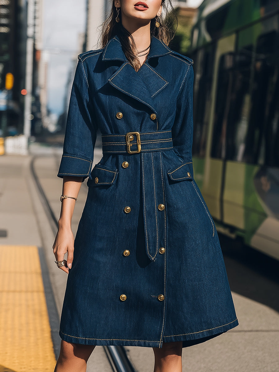 Elena | Belted Denim Trench Dress with Gold Buttons