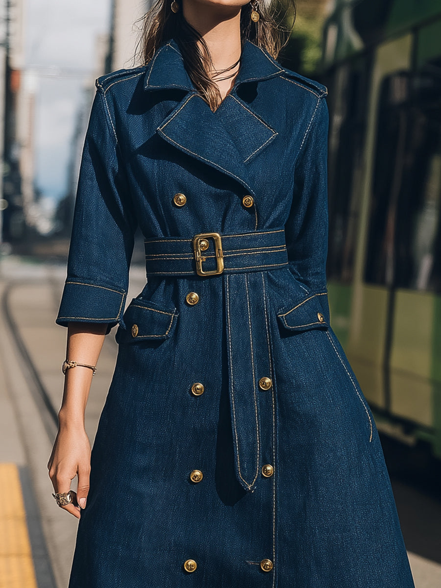 Elena | Belted Denim Trench Dress with Gold Buttons