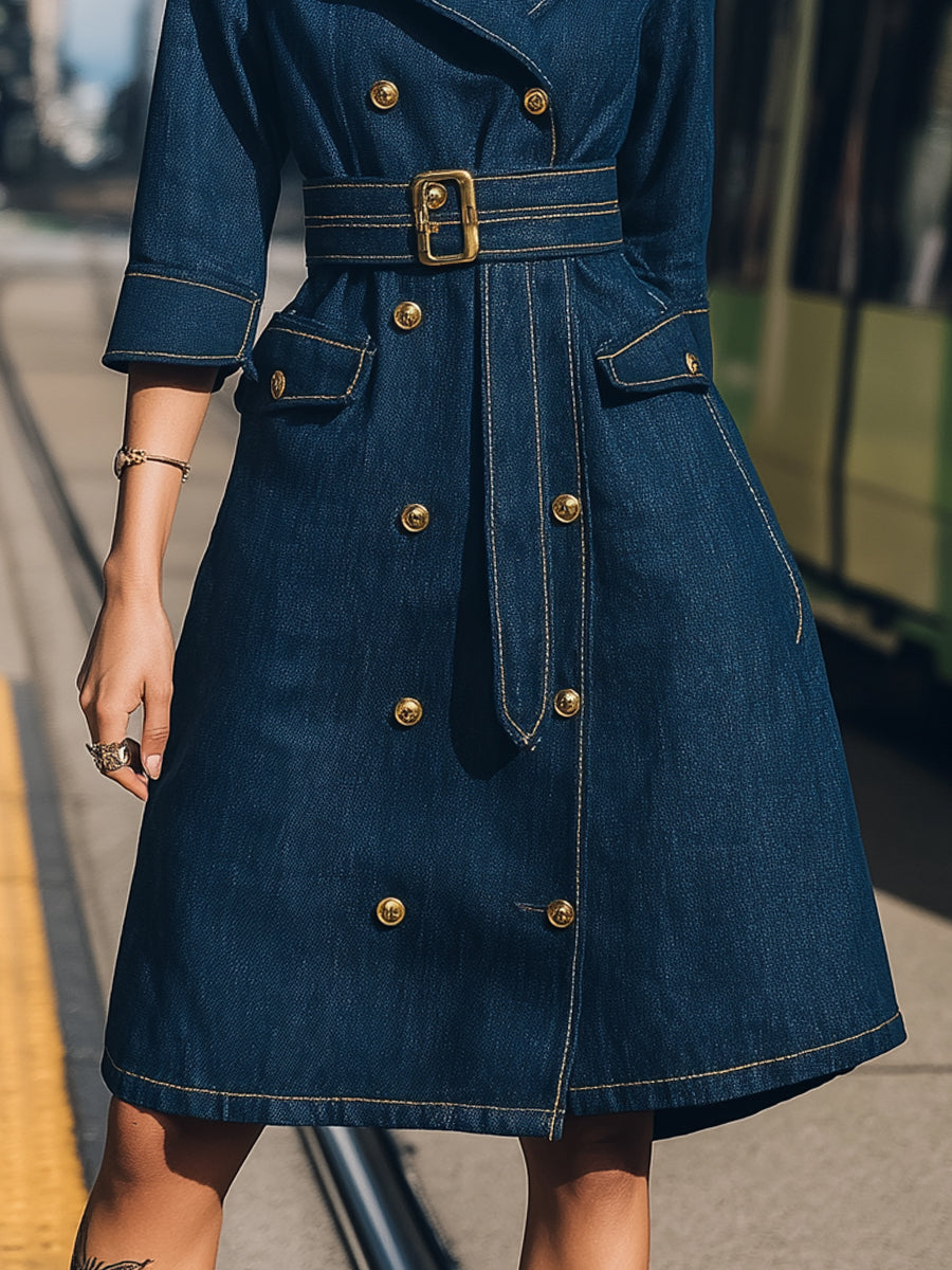 Elena | Belted Denim Trench Dress with Gold Buttons