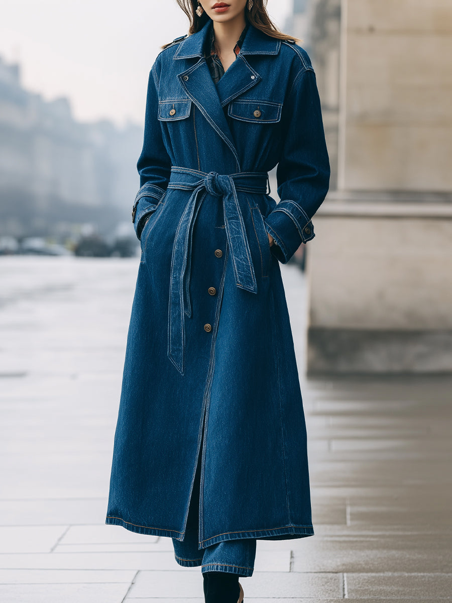 Elena | Longline Denim Trench Coat with Belt