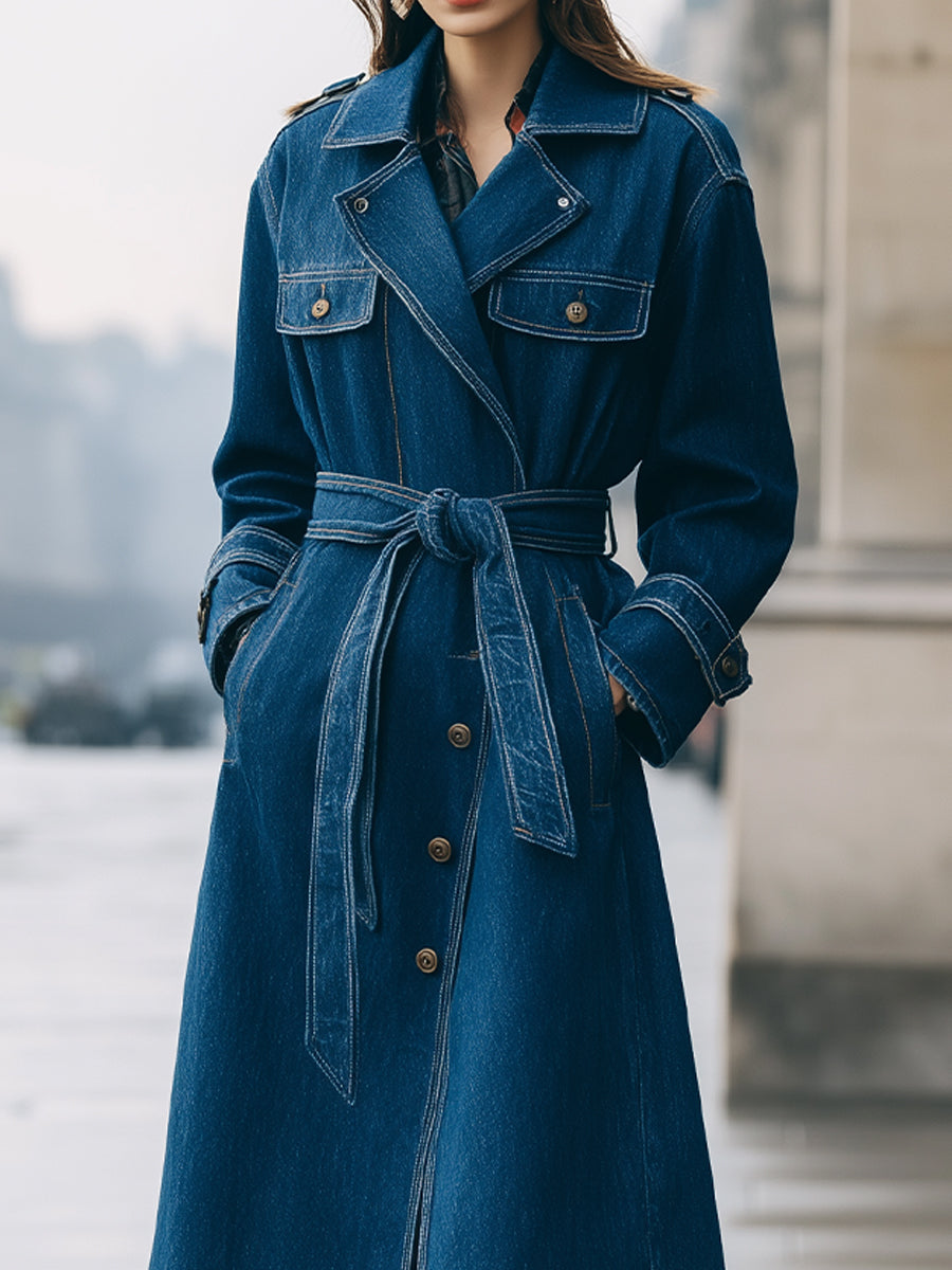 Elena | Longline Denim Trench Coat with Belt
