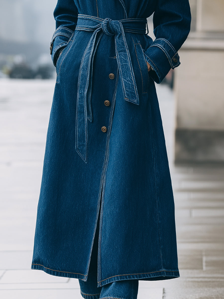 Elena | Longline Denim Trench Coat with Belt